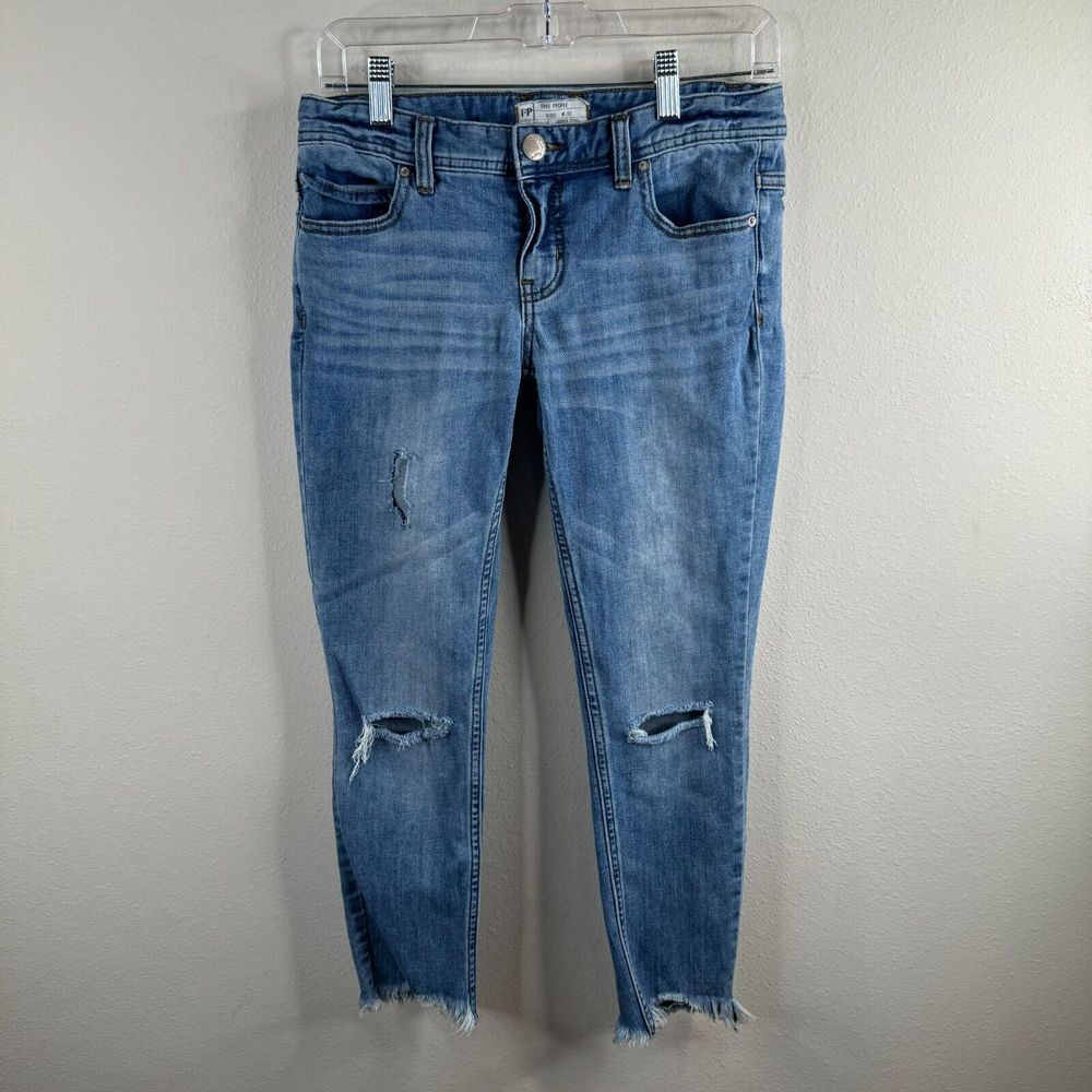 Free People Womens Skinny Jeans 27 Medium‎ Wash Distressed Denim Festival Ankle